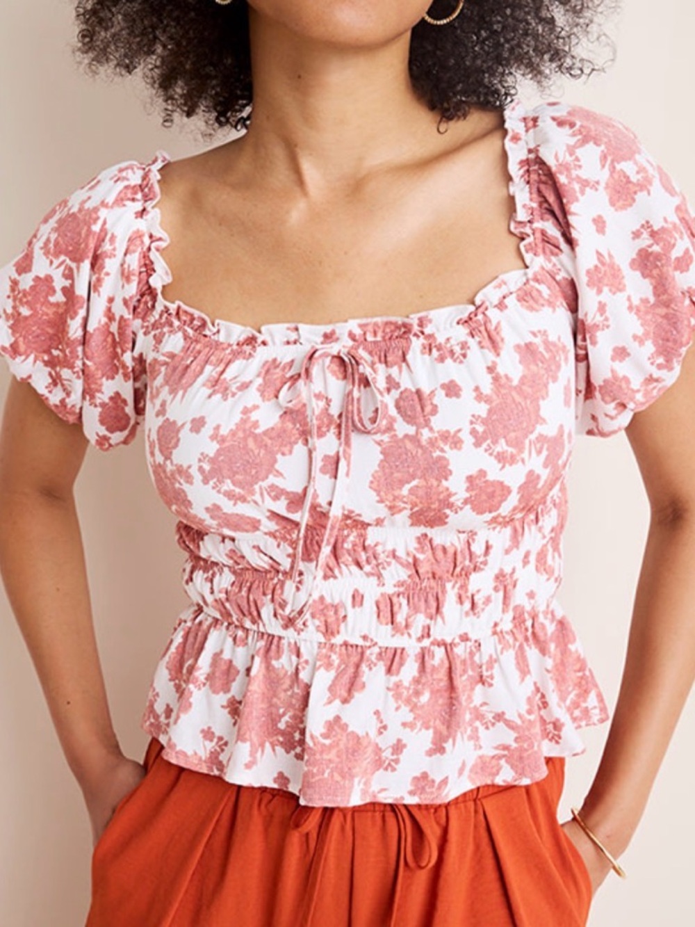 Francesca's Collections White Floral Smocked Puff-Sleeve Top